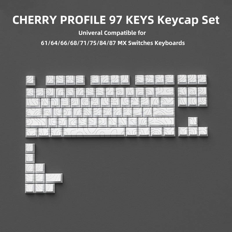 FunHub White Topographic PBT Keycaps,97 Key Caps Set Side Printed,No Tear & Fade Shine Through RGB Backlit Cherry Profile Keycaps (Ergonomic,Doubleshot) for 61/64/66/68/71/75/84/87 MX Mechanical Keyboards - Image 5